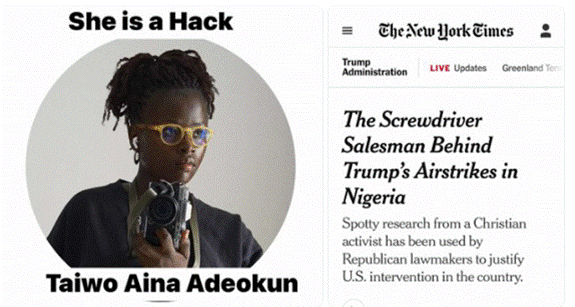 Screenshot of an online attack titled “She is a Hack” targeting journalist Taiwo Aina Adeokun alongside a New York Times article