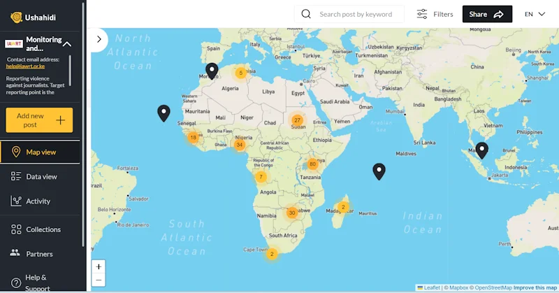 Screenshot of the Africa-wide observatory map showing reported incidents across the continent